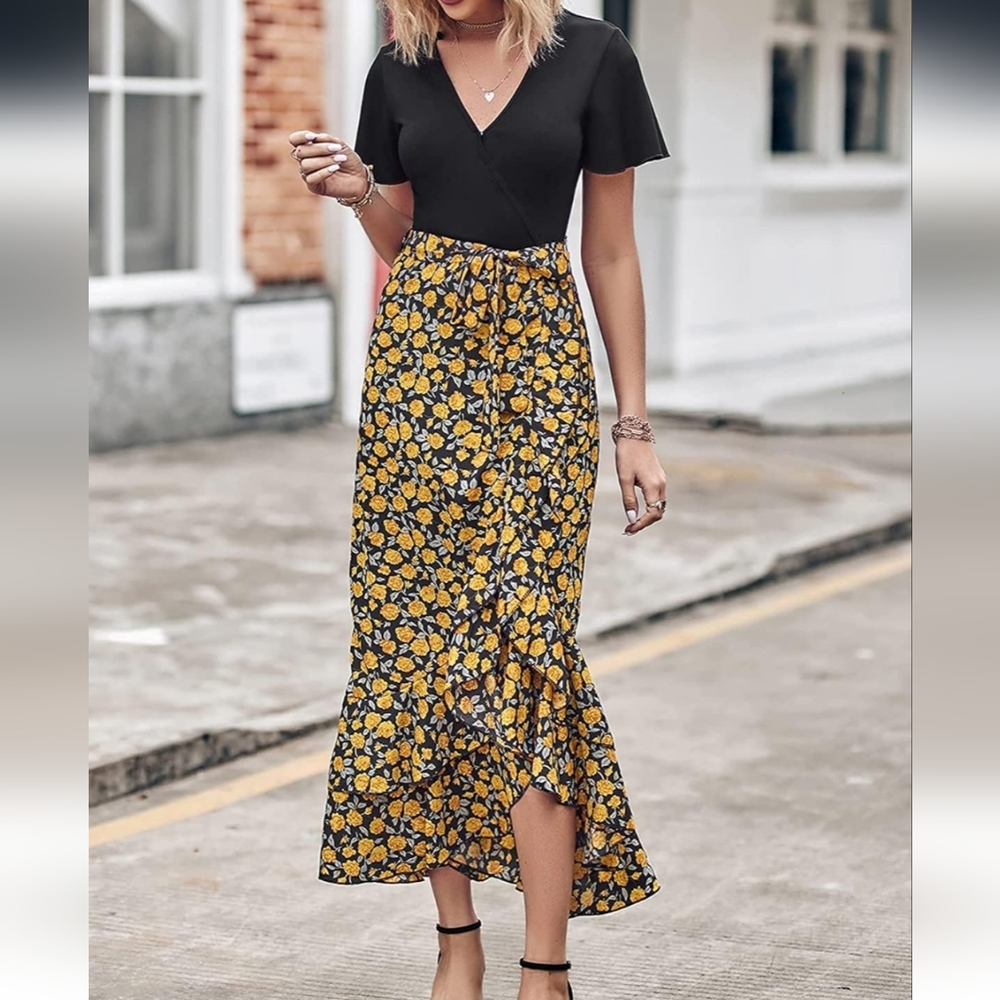 Vibrant Black and Yellow Ruffled Midi Dress